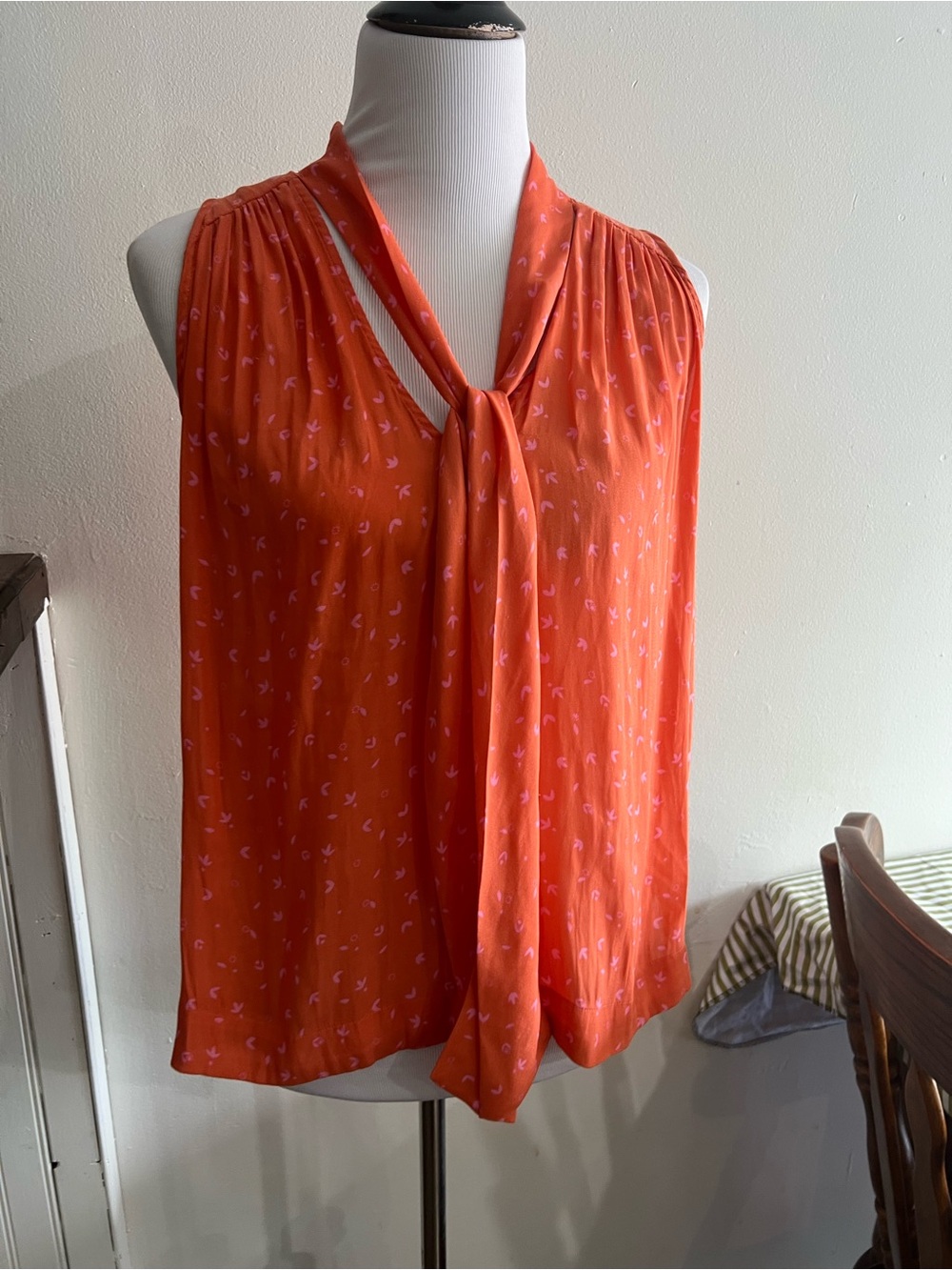Orange Tie-Neck Sleeveless Blouse